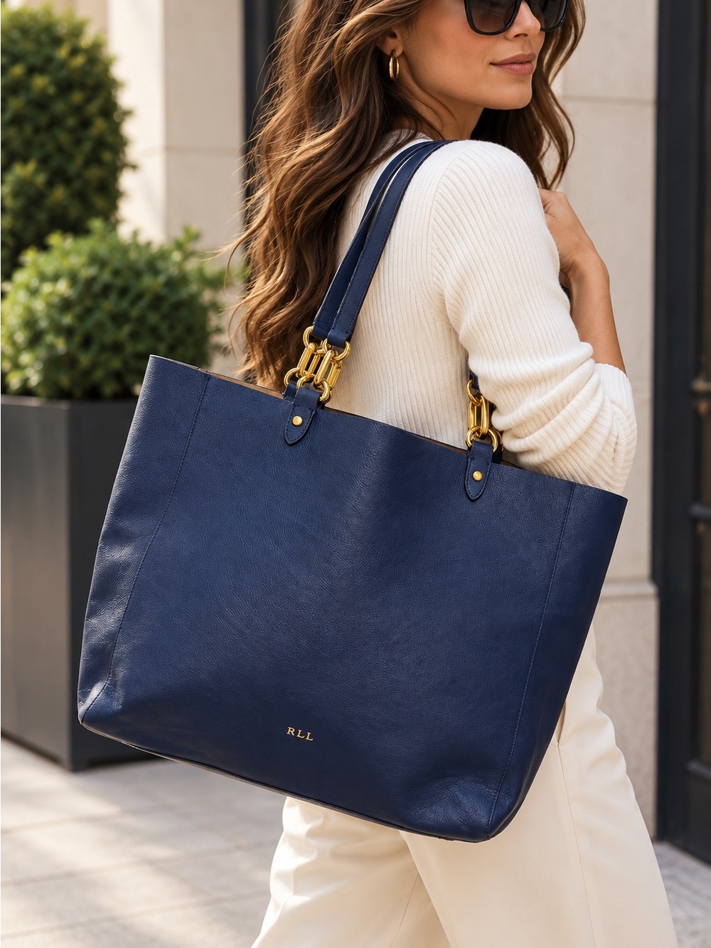 Lauren Ralph Lauren Navy Blue Soft Tote Bag Gold Hardware RLL Shoulder Bag